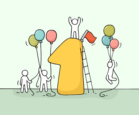 Sketch of working little people with number one, baloons. Doodle cute miniature scene of workers preparing for the celebration. Hand drawn cartoon vector illustration for business design.のイラスト素材