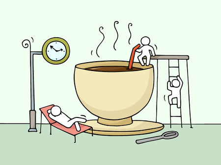 Sketch of resting little people cup of cofee. Doodle cute miniature about break at work . Hand drawn cartoon vector illustration for business design and infographic.のイラスト素材
