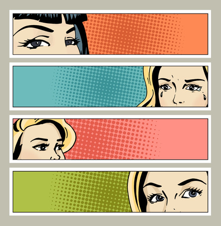 Pop art banner with female eyes and blank space for text. Cartoon beautiful woman eyes.Vintage advertising poster. Comic hand drawn vector illustration.のイラスト素材