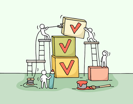 Sketch of working little people with pyramid of cubes, tick. Doodle cute miniature teamwork and checklist. Hand drawn cartoon vector illustration for business design and infographic.のイラスト素材