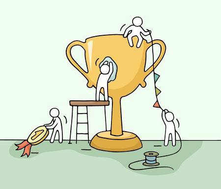 Sketch of working little people with cup, teamwork. Doodle cute miniature scene of workers preparing for the ceremony. Hand drawn cartoon vector illustration for business design and infographic.のイラスト素材
