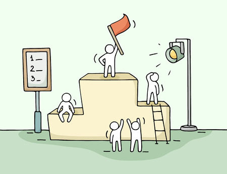 Sketch of working little people with pedestal, teamwork. Doodle cute miniature scene of workers preparing for the ceremony. Hand drawn cartoon vector illustration for business design and infographic.のイラスト素材