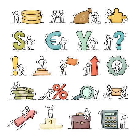 Finance and business icons set of sketch working little people with arrow, money, currency. Doodle cute miniature scenes of workers. Hand drawn cartoon vector illustration for business and finance design, infographic.のイラスト素材