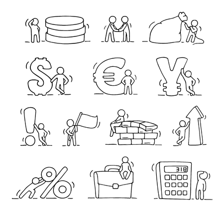 Finance icons set of sketch working little people with arrow, money, currency. Doodle cute miniature scenes of workers. Hand drawn cartoon vector illustration for business and finance design, infographic.のイラスト素材