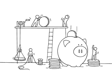 Sketch of save coins in moneybox  with working little people. Doodle cute miniature of economy money. Hand drawn cartoon vector illustration for business design and infographic.のイラスト素材