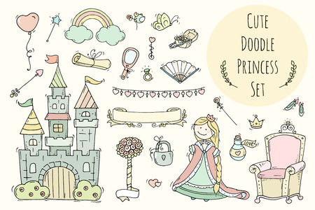 Cute cartoon princess collection with throne, castle, jewerly, crown. Doodle fairytale set for kids. Hand drawn vector illustration isolated on white. All objects are grouped separately.のイラスト素材