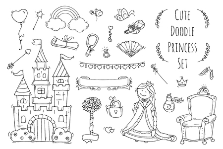 Cute cartoon princess collection with throne, castle, jewerly, crown. Doodle fairytale set for kids. Hand drawn vector illustration isolated on white. All objects are grouped separately.のイラスト素材
