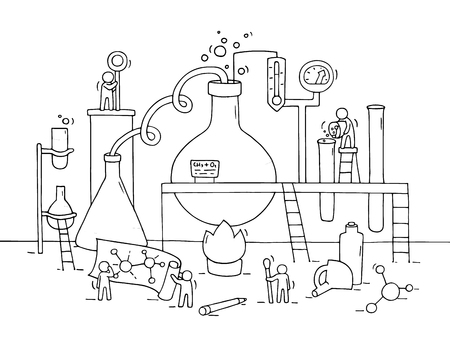 Sketch of chemical experiment with working little people, beaker. Doodle cute miniature of teamwork and materials research. Hand drawn cartoon vector illustration for biology and chemistry.のイラスト素材