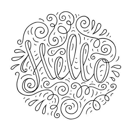 Black and white doodle typography poster with curly circle ornament. Cartoon cute card with lettering - Hello. Hand drawn romantic vector illustration isolated on white background.のイラスト素材