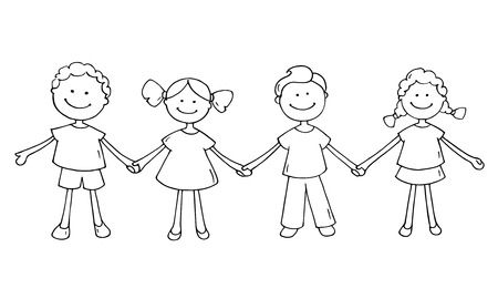 Cute happy kids standing together. Doodle cartoon boys and girls holding hands and smiling. Hand drawn vector illustration isolated on white background.のイラスト素材
