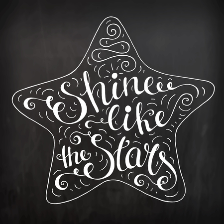 Black and white doodle typography poster with star. Cartoon cute motivation card with lettering text - Shine like the stars. Hand drawn vector illustration isolated on chalkboard.のイラスト素材