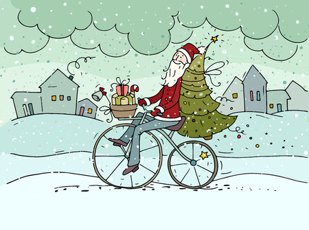 Cute hipster Santa Claus on bicycle delivering gifts and christmas tree. Doodle cartoon holiday poster. Hand drawn vector postcard for christmas and new year eve design.のイラスト素材