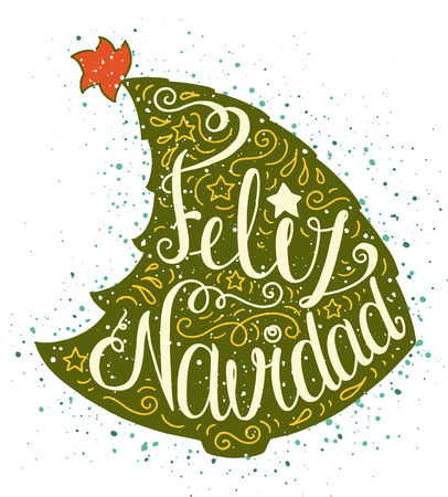 Colored doodle typography poster with green christmas tree. Cartoon cute card on celebration theme with lettering text - Feliz Navidad. Hand drawn vector illustration isolated on white background.のイラスト素材