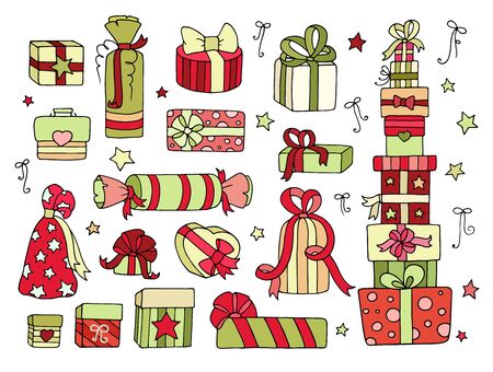 Set of cute doodle gifts boxes for your winter celebration - christmas, new year party. Collection of cartoon presents with hearts, stars, bow, ribbon. Hand drawn vector illustration isolated on white background.のイラスト素材
