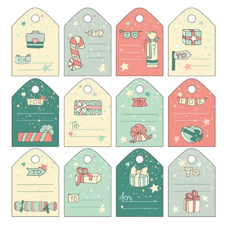 Cute gift tags with cartoon doodle gift boxes, stars, catchwords. Blank space for your text celebration. Set of congratulation labels for chrismas,  new year eve, party design. Hand drawn vector illustration isolated on white.のイラスト素材