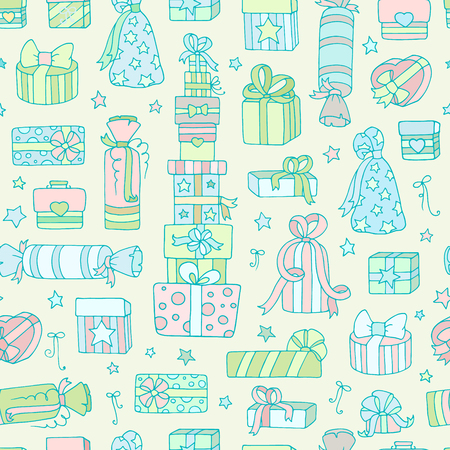 Set of cute doodle gift boxes for your designs (birthday party, wedding celebration). Collection of cartoon presents with hearts, bow, ribbon, stars. Hand drawn vector seamless pattern for wallpaper, web page background, surface kid textures.のイラスト素材