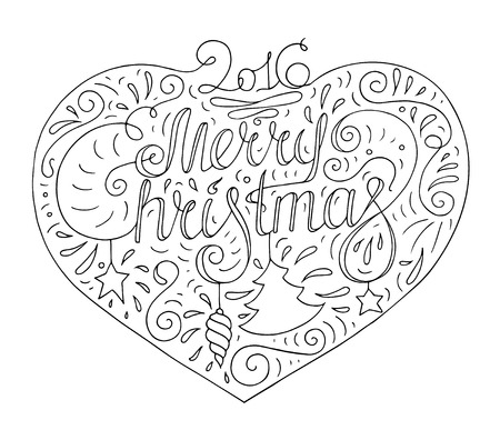 Black and white doodle typography poster with heart, star, tree toy. Cartoon cute card on celebrate theme with text - Merry Christmas 2016. Hand drawn winter vector illustration isolated on white background.のイラスト素材