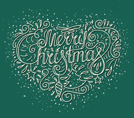 Doodle typography poster with heart, star, tree toy. Cartoon cute card on celebrate theme with text - Merry Christmas. Hand drawn winter vector illustration isolated on blue background.のイラスト素材