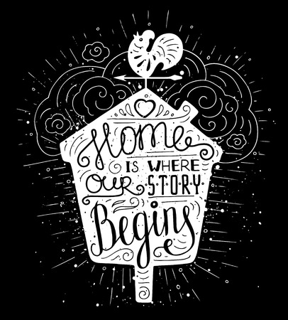 Black and white doodle typography poster with nesting box and vane. Cartoon cute card with lettering - Home is where our story begins. Hand drawn romantic vector illustration isolated on white.のイラスト素材