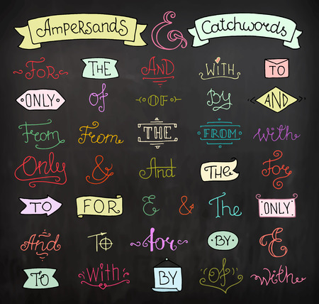 Doodle calligraphic elegant ampersands and catchwords set for romantic design. Hand lettering words - and, with, for, from, the, to, only,of. Hand drawn colored retro vector illustration isolated on chalkboard.のイラスト素材
