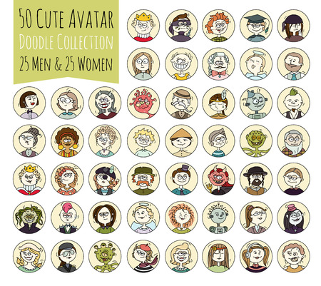 Cartoon funny user avatars in trendy hand drawn doodle style. Set of women, men character faces with different emotions, professions, hobby. Cute vector illustration isolated on white. All people organized in groups for easy editing.のイラスト素材