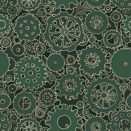 Cartoon bright seamless pattern with doodle gears. Can be used for wallpaper, pattern fills, web page background, surface textures. Hand-drawn mechanical vector illustration with collection of hand drawn cogs.のイラスト素材