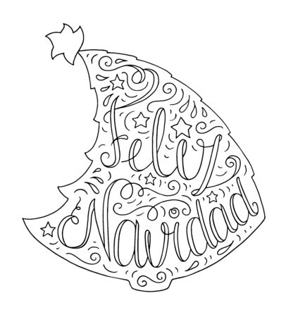 Black and white doodle typography poster with christmas tree. Cartoon cute card on celebration theme with lettering text - Feliz Navidad. Hand drawn vector illustration isolated on white background.のイラスト素材