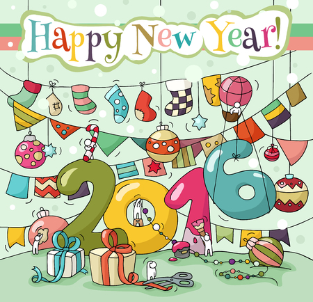 2016 Happy New Year Eve greeting card. Cartoon doodle illustration with liitle people prepare to celebration. Hand drawn vector background with garland, snow, tree toys, gifts, flags, decorations.のイラスト素材