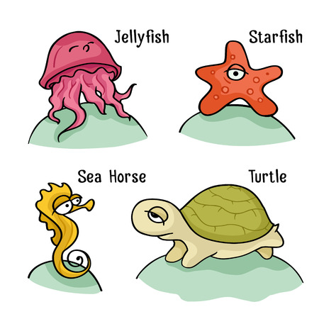 Cute baby sea creatutes. Cartoon character set with ocean animals - seahorse, jellyfish, starfish, turtle. Kid vector illustration isolated on white with underwater animals.のイラスト素材