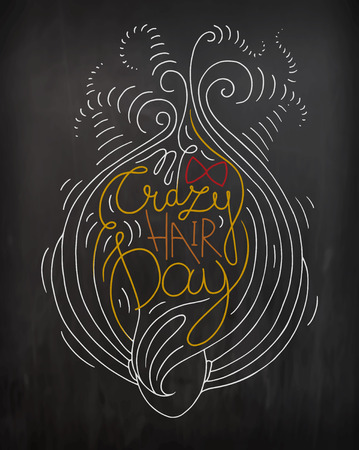 Black and white doodle typography poster with beautiful woman and haircut. Cartoon cute card on beauty  theme with lettering text -  Crazy hair Day. Hand drawn funny vector illustration isolated on chalkboard.のイラスト素材