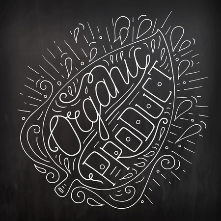Black and white doodle typography poster with leaf and drops. Cartoon cute card on natural theme with lettering text - Organic Product. Hand drawn vector illustration isolated on chalkboard.のイラスト素材