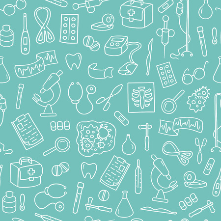 Cartoon blue seamless pattern with laboratory equipments. Can be used for wallpaper, pattern fills, web page background, surface textures. Hand-drawn medical vector illustration with collection of hospital tools.のイラスト素材