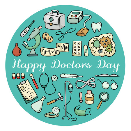 Creative national Doctor's Day greeting card. Cute cartoon set of laboratory equipments. Medical vector illustration isolated on white. All objects organized in groups for easy editing.のイラスト素材