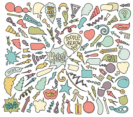 Cartoon sketch arrows and speech bubbles set. Hand drawn doodle colored collection. Decorative vector illustration isolated on white. All arrows and bubbles organized in groups for easy editing.のイラスト素材