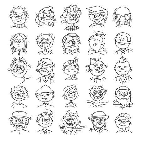 Cartoon funny user avatars in trendy hand drawn doodle style. Set of men faces with different emotions, professions, hobby. Cute vector illustration isolated on white.のイラスト素材