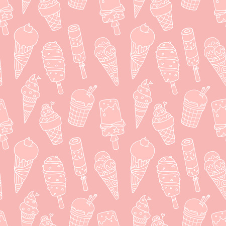 Seamless pattern with cartoon cute  ice-creams. Hand-drawn vector pink backdrop. Use for wallpaper, pattern fills, web page background.のイラスト素材