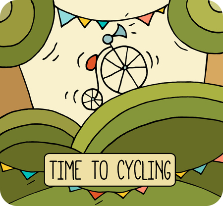 Cartoon penny farthing bycicle with horn and flags.のイラスト素材
