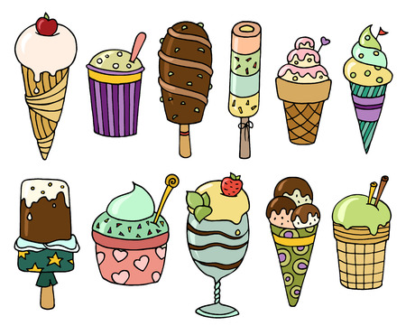 Cute set of colorful tasty cartoon ice cream.  Collection of delicious ice cream with sprinkles and fruits. Ideal elements for your summer desert menu. Doodle vector file isolated on white and organized in groups for easy editing.のイラスト素材