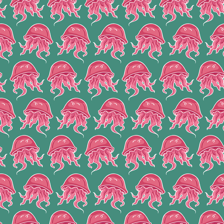 Cute multicolor seamless pattern of stylized jellyfish in cartoon style  on yellow background....