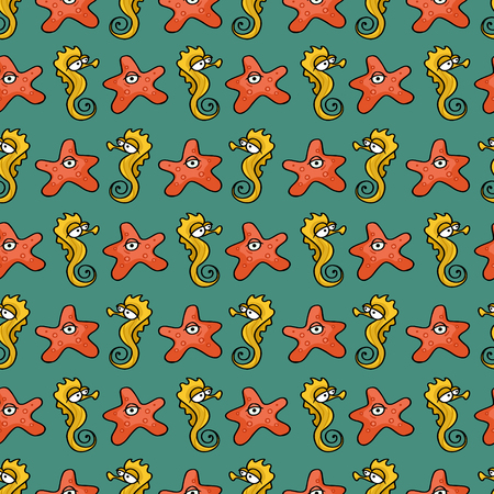 Cute seamless pattern with underwater live: cartoon starfish, sea horse. sea background. Use for wallpaper,pattern fills, web page background.のイラスト素材