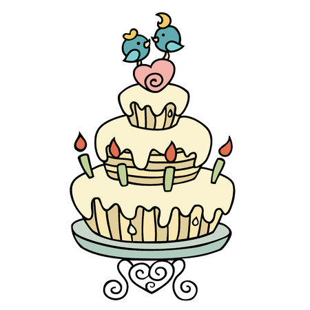 Romantic cartoon couple birds on the cake. Cute celebrate cake with candles, love little birds and heart. Hand-drawn illustration isolated on white.のイラスト素材