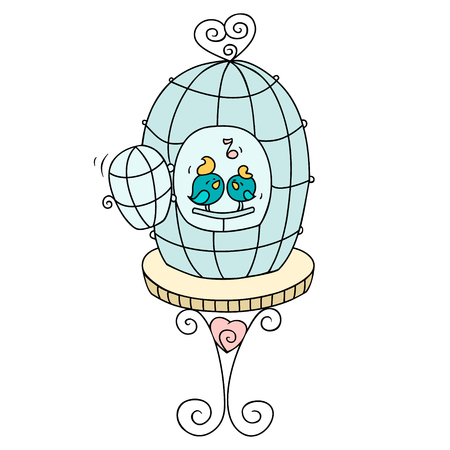Cartoon cute  birds in a cage. Romantic couple little birds singing. Hand-drawn illustration isolated on white.のイラスト素材
