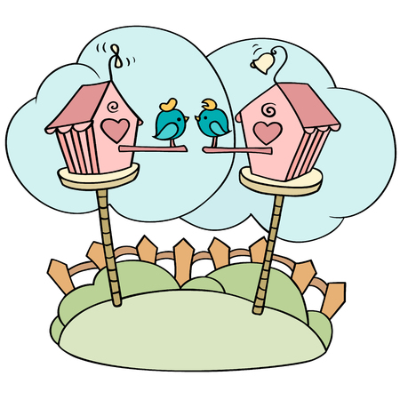 Cute cartoon birds in birdhouses. Little love birds sitting in their nesting boxes. Summer hand-drawn illustration isolated on white.のイラスト素材