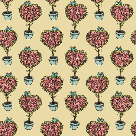 %u0421ute seamless pattern with cartoon birds sitting on blooming tree. Background of  love birds on a heart shaped bouquet of roses. Hand-drawn romantic wallpaper.のイラスト素材