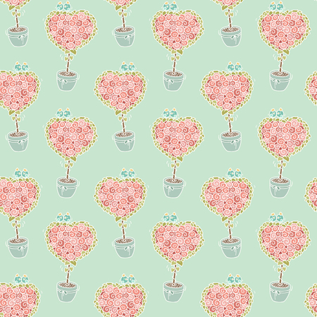 %u0421ute seamless pattern with cartoon birds sitting on blooming tree. Background of  love birds on a heart shaped bouquet of roses. Hand-drawn romantic wallpaper.のイラスト素材
