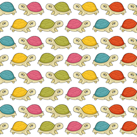 Cute multicolor seamless pattern of stylized  turtles in cartoon style, orange, blue, pink, green colorのイラスト素材