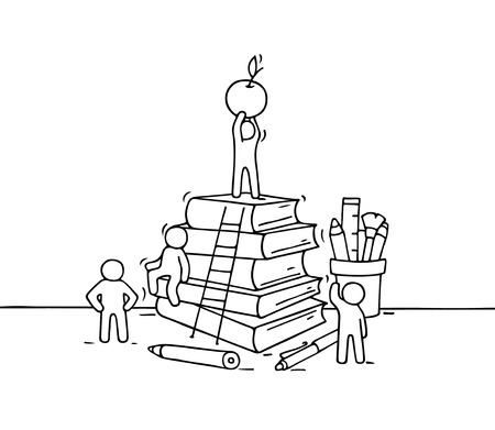 Sketch of stationery with working little people. Doodle cute miniature of stack of books. Hand drawn cartoon illustration for business and education design.のイラスト素材