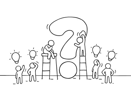 Sketch of working little people with big question and lamp ideas. Doodle cute miniature scene of workers trying to solve problem. Hand drawn cartoon illustration for business design.のイラスト素材