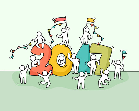 2017 Happy New Year background. Cartoon doodle illustration with little people prepare to celebration. Hand drawn illustration.のイラスト素材