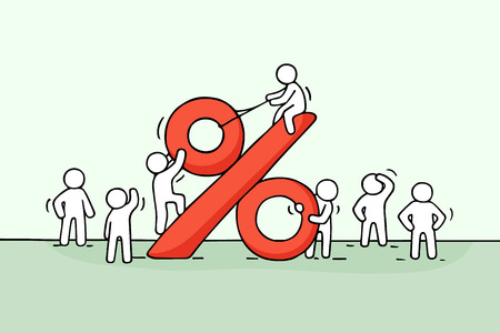 Sketch of working little people with big percent sign. Doodle cute miniature scene of workers and financial symbol. Hand drawn cartoon vector illustration for business design.のイラスト素材